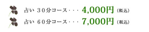 占い料金30分コース・・・4000円（税込）／占い料金60分コース・・・7000円（税込）